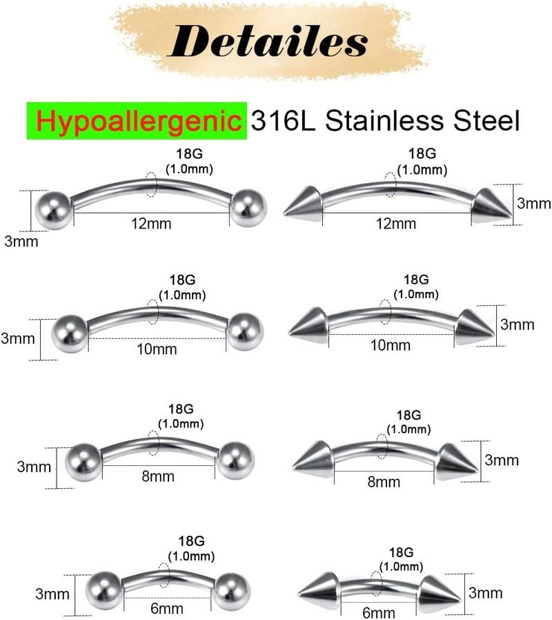 AMASIS Eyebrow Piercing Jewelry Surgical Steel Curved Barbell Tiny Eyebrow Ring Vertical Labret Lip Jewelry Ear Rook Navel Small Belly Button Ring for Women Men 6mm/8mm/10mm/12mm - Image 2